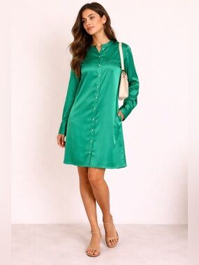 Marciano Satin Emerald Jewel Tone Collarless Shirt Dress Pockets Luxe Sz L